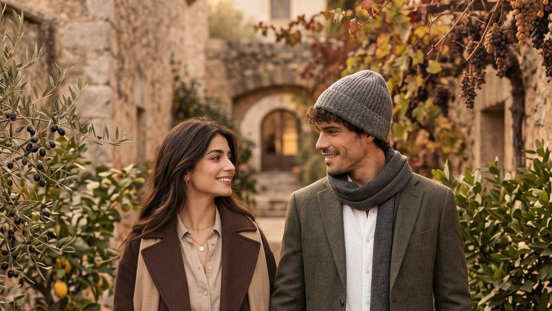Pareja paseando al aire libre en invierno, abrigados con gorro de lana y bufanda, con el cabello expuesto al frío