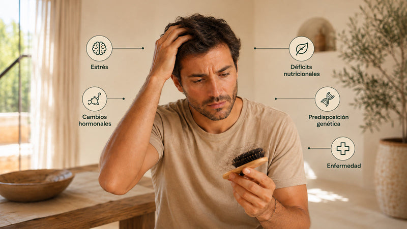 Hombre observando el cepillo con cabello desprendido, rodeado de las cinco causas más frecuentes de la caída capilar: estrés, cambios hormonales, déficits nutricionales, predisposición genética y enfermedad