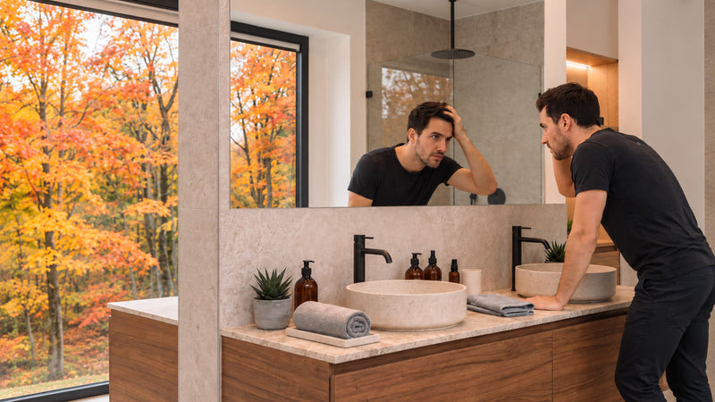 Hombre mirándose el cabello en el espejo del baño, informándose antes de empezar a cuidar la caída del pelo