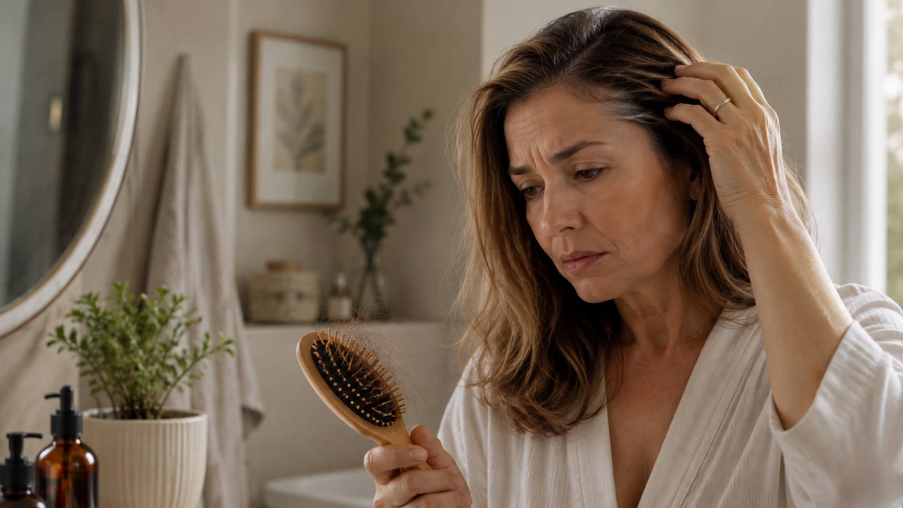 Mujer en edad de menopausia cuidando su cabello, ilustración del cambio capilar en esta etapa.