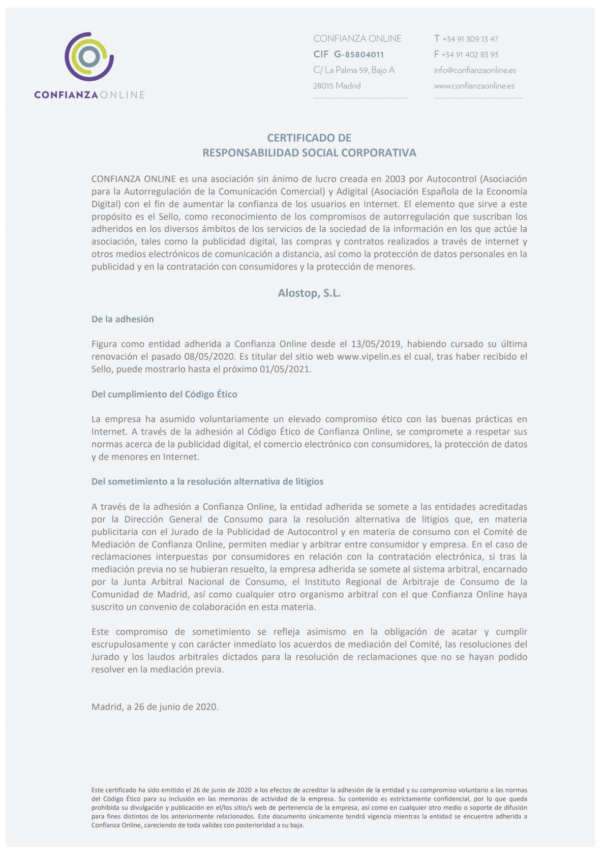Renovación Confianza Online garantía de calidad Vipelin