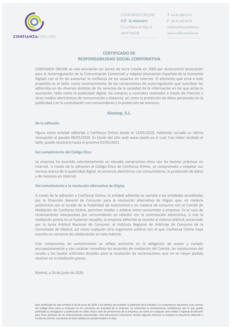 Renovación Confianza Online garantía de calidad Vipelin