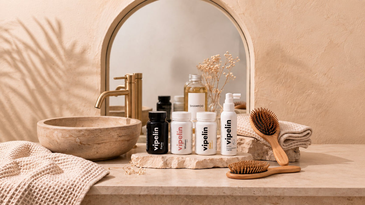 Productos de cuidado capilar Vipelín ordenados en una repisa de baño junto a un cepillo y una toalla, como parte de una rutina diaria