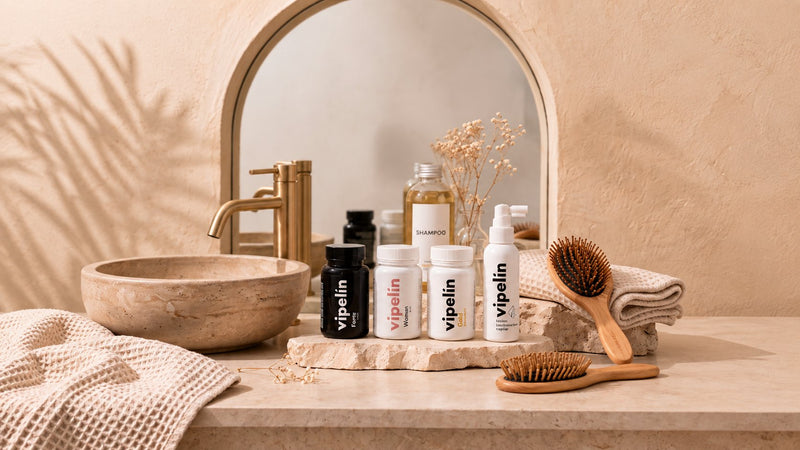 Productos de cuidado capilar Vipelín ordenados en una repisa de baño junto a un cepillo y una toalla, como parte de una rutina diaria