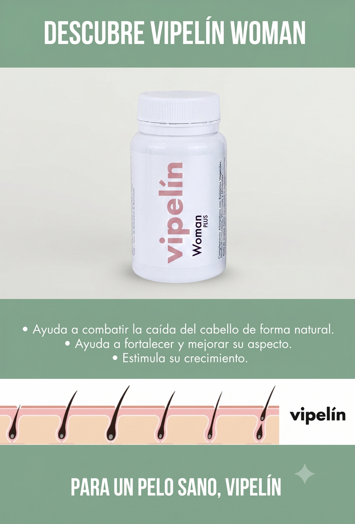 Vipelín woman plus indicado para el cuidado de tu cuero cabelludo y como tratamiento frente a la alopecia en la mujer de 18-49 años.