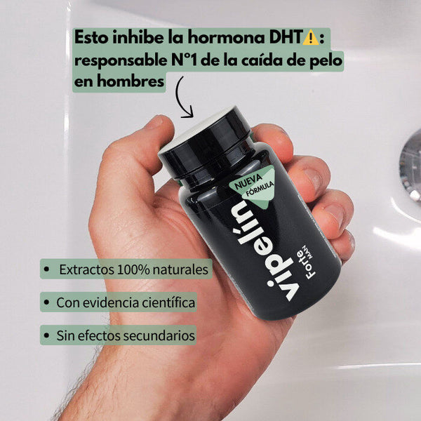 La inhibición natural de la DHT ayuda a frenar la caída capilar. Por eso recomendamos Vipelín Forte. 
