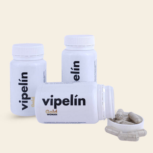 3 botes de Vipelín GOLD para 3 meses de cuidado capilar en mujeres después de la menopausia. 