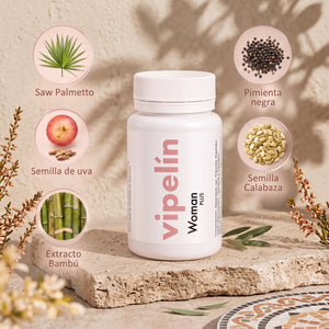 Ingredientes naturales de vipelín woman plus en cápsulas para la caída del cabello femenino. Suplemento nutricional formulado con Saw Palmetto, semilla de uva, semilla de calabaza, pimienta negra y extracto de bambú, activos clave para frenar la caída capilar, nutrir el folículo piloso y devolver fuerza, volumen y densidad al pelo de la mujer.