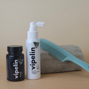 Vitaminas y loción capilar Vipelín para el cuidado completo del pelo de los hombres. 