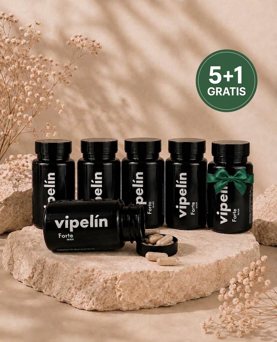 Pack ahorro 5 más 1 gratis de vipelín forte man en cápsulas para tratamiento anticaída continuo masculino. Suplemento nutricional formulado para frenar la caída del cabello en el hombre, nutrir el folículo piloso y recuperar la densidad capilar de forma duradera y eficaz.
