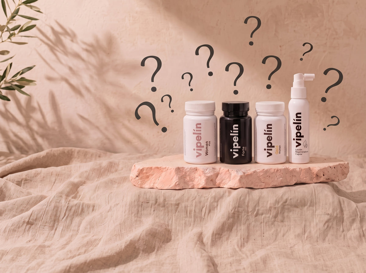 ¿Qué tratamiento capilar de vipelín elegir? Gama completa con vipelín woman plus, vipelín forte man, vipelín gold woman y vipelín loción regeneradora capilar sobre base de piedra con signos de interrogación. Guía para resolver dudas y elegir el tratamiento anticaída y fortalecedor ideal según las necesidades del cabello en hombres y mujeres.