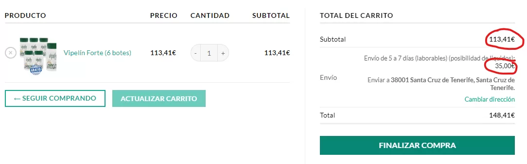 Opción de calcular gastos de envío y precios para pedidos en Canarias, Ceutea, Melilla y resto de Europa